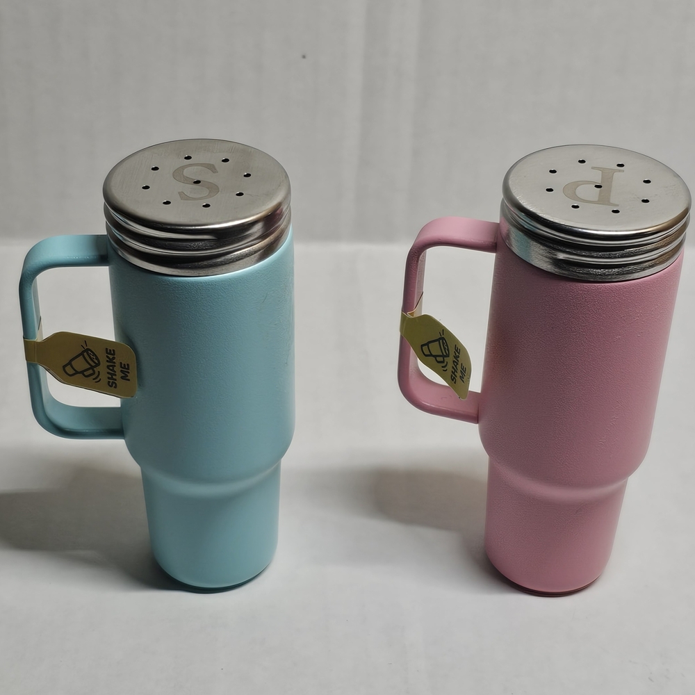 Miniature Drinking Cups Salt And Pepper Shakers . Blue and Pink Travel Mugs - Picture 2 of 4